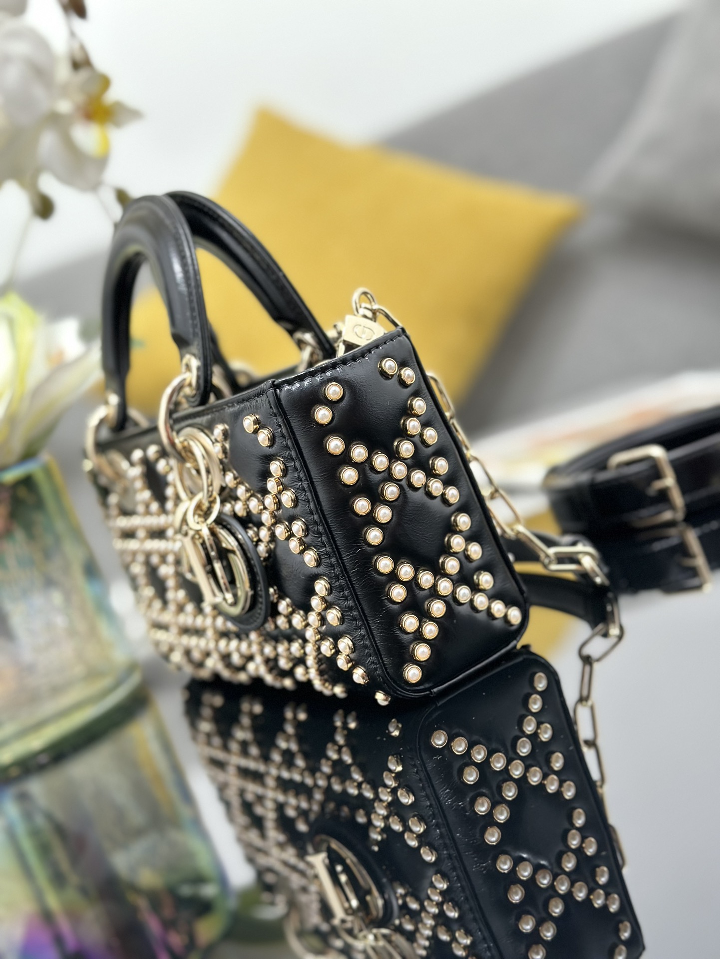 Small Lady D-Joy Bag Black Calfskin Embroidered with Pearl Nail